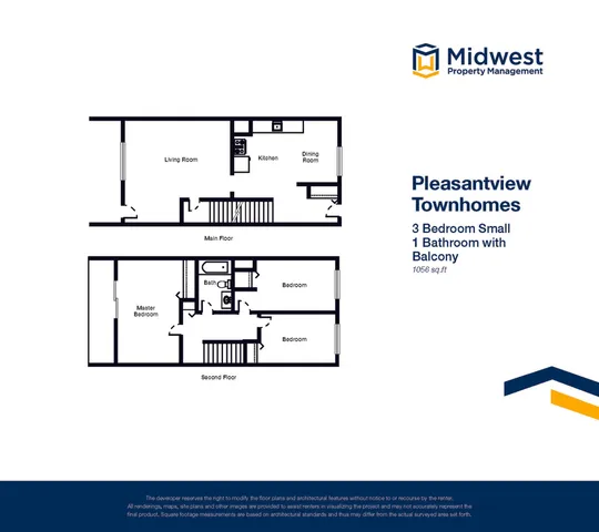 Pleasantview Townhomes floor plan showcasing a stylish two-level design with 3 cozy bedrooms, 1 sleek bathroom, a spacious living room, modern kitchen, dining area, and a charming balcony, totaling 1056 sq ft.