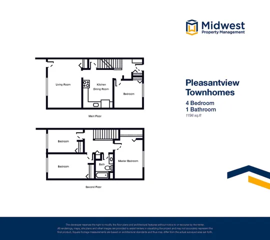 Pleasantview Townhomes floor plan showcasing a spacious layout with 4 bedrooms and 1 bathroom over two floors, featuring a cozy living room and a functional kitchen dining area, totaling 1198 sq. ft.
