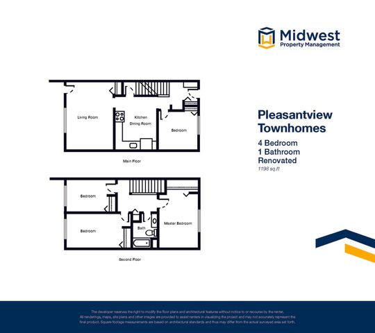 Inviting floor plan of Pleasantview Townhomes, showcasing a renovated 4-bedroom, 1-bath layout over 1198 sq ft, featuring a spacious living room and modern kitchen.