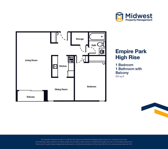 Empire Park High Rise floor plan featuring 1 bedroom, open living and dining area, kitchen, bathroom, and a private balcony, 625 sq ft.