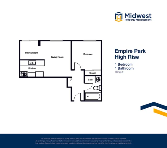 Empire Park High Rise floor plan showcasing 1 bedroom, modern kitchen, and cozy living area, 580 sq.ft.