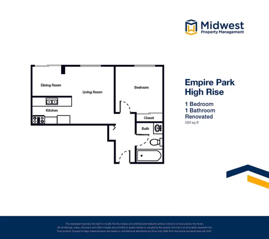 Empire Park High Rise floor plan showcasing a renovated layout with 1 bedroom, 1 bathroom, and a cozy dining and living area, spanning 580 sq. ft. Ideal modern living space.