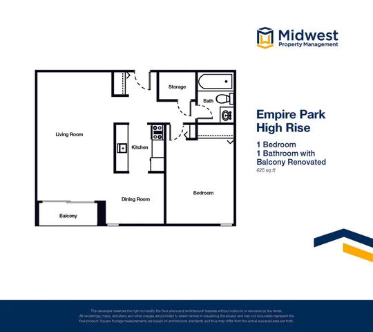 Empire Park High Rise floor plan with 1 bedroom, 1 renovated bathroom, open kitchen and dining area, spacious living room, and private balcony, 625 sq. ft.