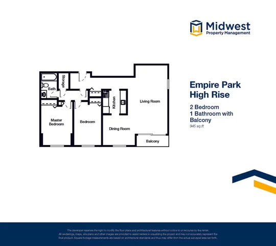 Empire Park High Rise floor plan featuring 2 bedrooms, 1 bathroom, spacious living room, dining room, kitchen, and balcony, 945 sq ft.