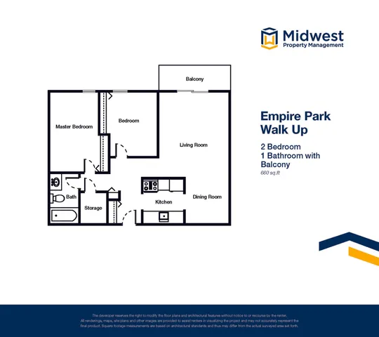 Empire Park Walk Up floor plan showcasing 2 bedrooms, 1 bathroom, and a cozy balcony, 660 sq ft.