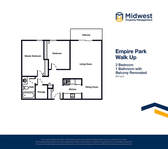 Empire Park Walk Up floor plan featuring 2 bedrooms, 1 renovated bathroom, a spacious living room, and a balcony, covering 660 sq. ft.