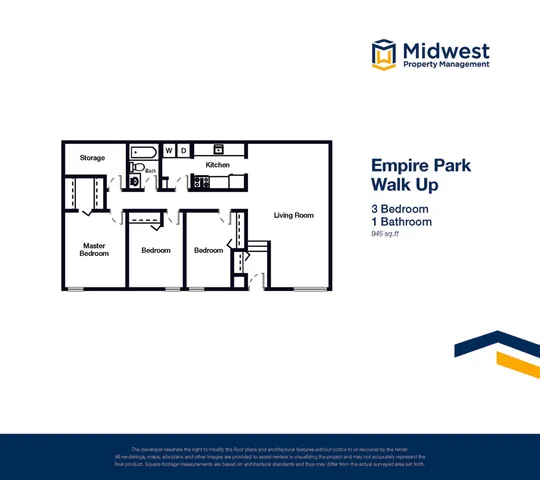 Empire Park Walk Up floor plan showcasing 3 bedrooms, 1 bathroom, and an inviting living room, 945 sq ft layout.