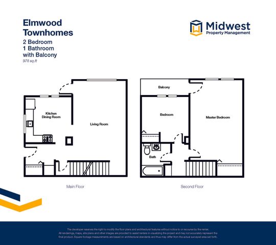 Elmwood Townhomes floor plan featuring 2 bedrooms, 1 bathroom, and a balcony, spread across 978 sq ft. Includes a kitchen dining area and a cozy living room for comfortable living.