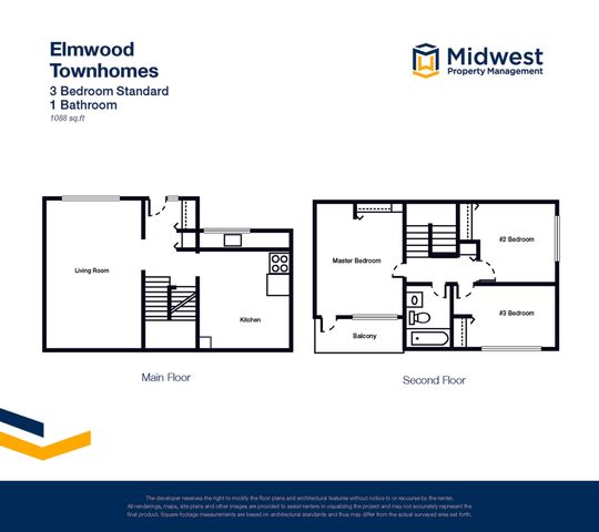 Elmwood Townhomes floor plan showcasing a spacious 3-bedroom, 1-bathroom layout across 1088 sq ft, featuring a main floor with an expansive living room and kitchen, and a second floor with a master bedroom and private balcony.