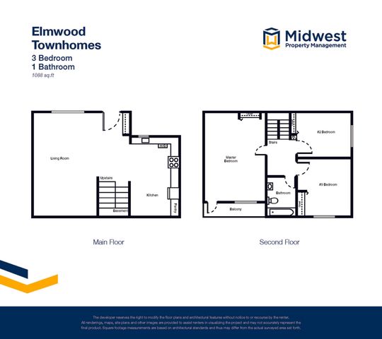 Elmwood Townhomes inviting 2D floor plan showcasing 3 bedrooms, 1 bathroom, and a spacious living room with a functional kitchen; ideal for cozy living spanning 1088 sq ft.