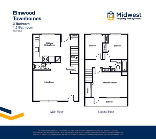 Elmwood Townhomes floor plan showcasing 3 bedrooms, 1.5 bathrooms, spacious living room, and a kitchen/dining area across two levels, totaling 1088 sq ft, managed by Midwest Property Management.