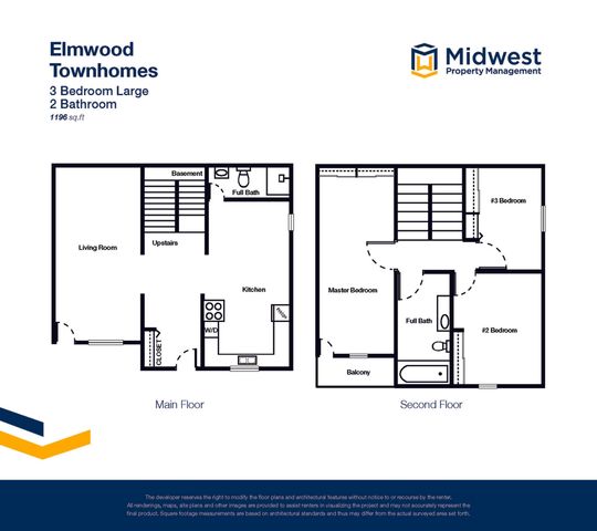 Elmwood Townhomes 3 bedroom large floor plan with spacious living room, modern kitchen, and two full bathrooms. Features include a master bedroom with balcony, separate laundry area, and ample storage space over 1196 sq ft.
