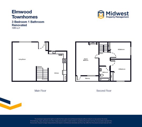 Elmwood Townhomes 3-bedroom 1-bathroom renovated floor plan with spacious living room, modern kitchen, and private balcony, totaling 1050 sq. ft., managed by Midwest Property Management.