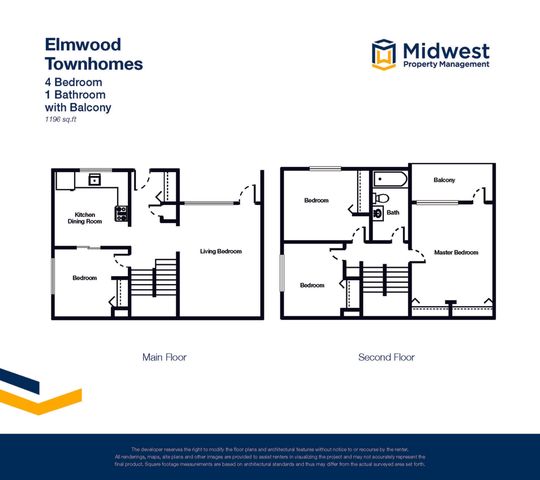 Elmwood Townhomes floor plan showcasing a spacious 4-bedroom layout with a dining room kitchen, living room, balcony, and bathroom over two floors, totaling 1196 sq ft.