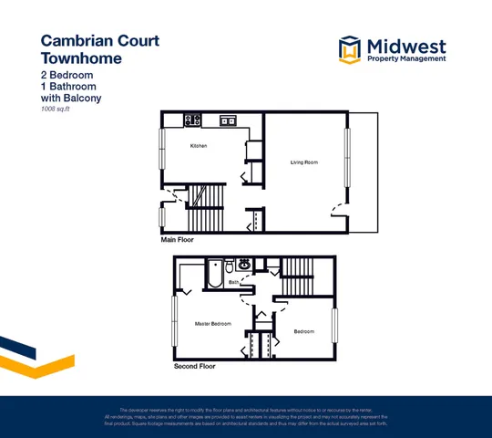 Cambrian Court Townhome floor plan with 2 bedrooms, 1 bathroom, main floor kitchen and living room, plus a balcony. Spacious 1008 sq ft layout by Midwest Property Management.