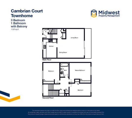 Cambrian Court Townhome 2D floor plan featuring 3 bedrooms, 1 bathroom, with a spacious living room and a modern kitchen, totaling 1120 sq. ft.