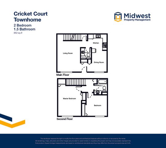 Cricket Court Townhome 2D floor plan showcasing 2 bedrooms, 1.5 bathrooms, a modern kitchen, and a cozy living room. Ideal layout for comfortable living at 962 sq. ft.