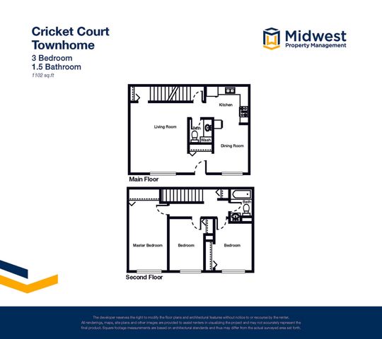 Cricket Court Townhome floor plan showcasing 3 bedrooms and 1.5 bathrooms across two levels, featuring an open-concept living area and kitchen, totaling 1102 sq. ft.