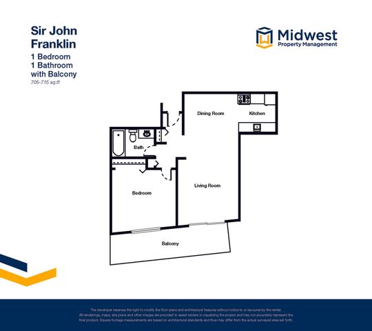 Elegant 1-bedroom floor plan with spacious living room and private balcony at Sir John Franklin, 705-715 sq.ft.