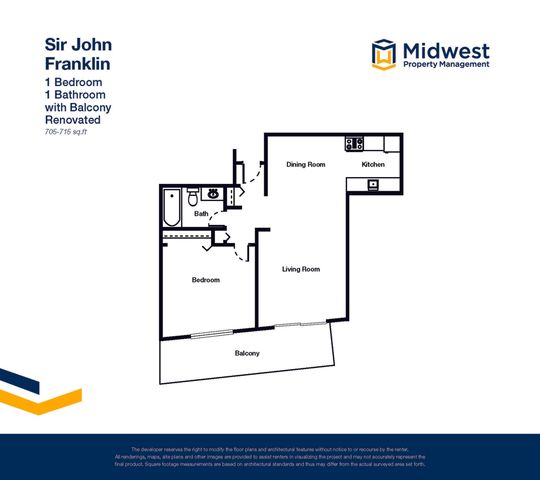 Modern floor plan of Sir John Franklin, featuring 1 bedroom, 1 bathroom, a spacious living room, and a balcony, ranging 705-715 sq. ft.