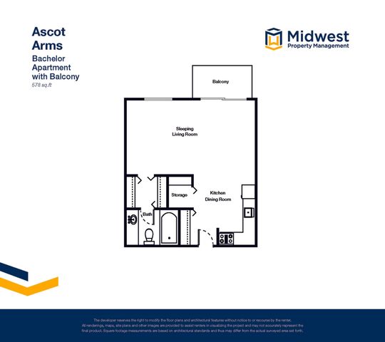 Ascot Arms bachelor apartment floor plan featuring cozy living area with sleeping and dining space, kitchen, storage, bath, and a private balcony, totaling 578 sq ft.