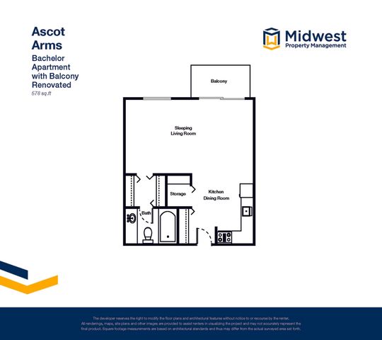 Modern Ascot Arms bachelor apartment floor plan featuring a spacious sleeping living room, kitchen dining area, and balcony. Renovated 578 sq. ft. space with dedicated storage and bath areas.