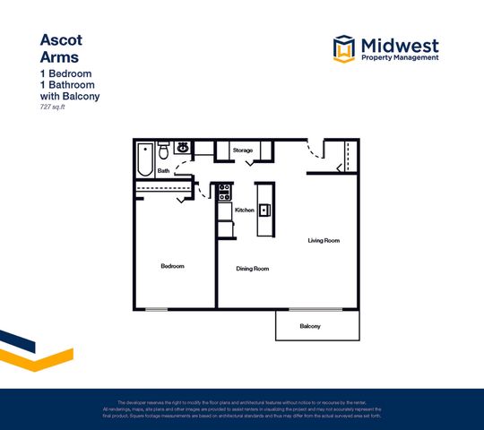 Ascot Arms floor plan featuring a modern 1 bedroom, 1 bathroom layout with a balcony, versatile kitchen, and open living-dining area, totaling 727 sq ft.