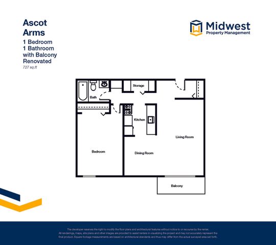 Ascot Arms beautifully renovated floor plan featuring 1 bedroom, 1 bathroom, a modern kitchen, dining and living room, and a spacious balcony, totaling 727 sq ft.