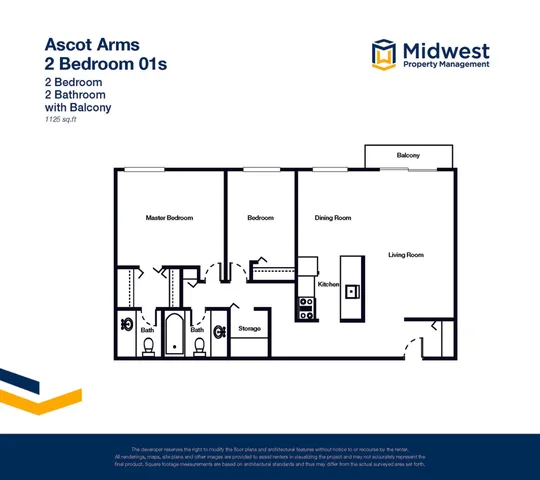 Ascot Arms floor plan showcasing a 2-bedroom, 2-bathroom layout with a spacious living room, dining area, functional kitchen, and balcony; total area of 1125 sq. ft.