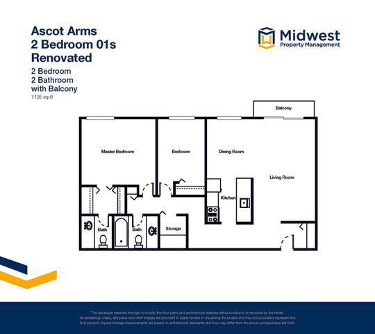 Ascot Arms renovated floor plan showcasing a modern 2 bedroom, 2 bathroom layout with a dining room, spacious living room, and balcony, managed by Midwest Property Management, 1125 sq. ft.