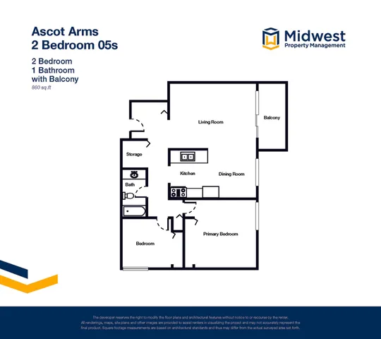 Ascot Arms elegant 860 sq ft floor plan showcasing 2 spacious bedrooms, 1 bathroom, modern kitchen, and inviting living area with balcony, managed by Midwest Property Management.