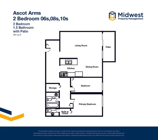 Ascot Arms elegant floor plan featuring 2 bedrooms, 1.5 bathrooms, spacious living room, modern kitchen, dining area, and patio, covering 965 sq ft from Midwest Property Management.