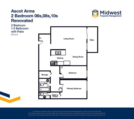 Modern Ascot Arms floor plan showcasing a renovated 2 bedroom, 1.5 bathroom layout with a spacious living room, kitchen, dining room, and patio in 965 sq ft.