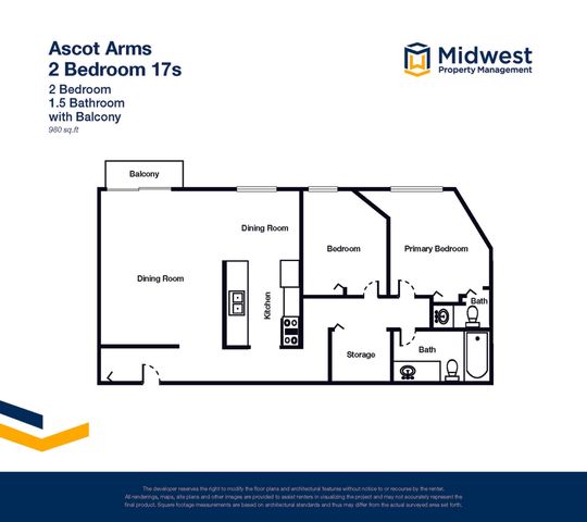 Ascot Arms floor plan featuring 2 bedrooms, 1.5 bathrooms with a balcony, spacious dining room, and modern kitchen. Total area of 980 sq. ft., ideal for comfortable living.