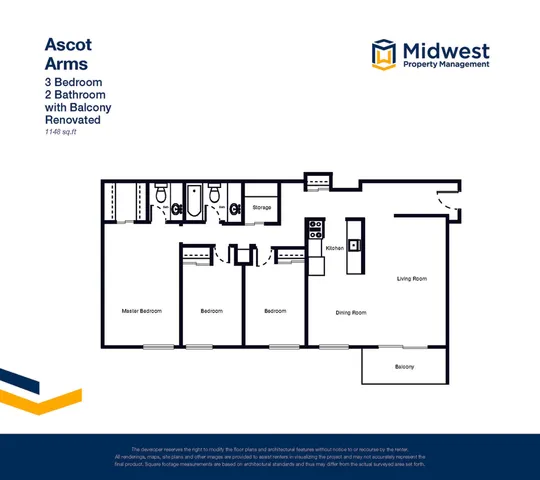 Ascot Arms floor plan showcasing a renovated 3 bedroom, 2 bathroom apartment with a spacious balcony and modern layout at 1148 sq ft.