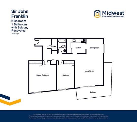 Elegant floor plan for Sir John Franklin, featuring 2 bedrooms, 1 bathroom, a spacious living room, and a kitchen with dining area. Includes a balcony and storage, totaling 1080 sq. ft. Recently renovated by Midwest Property Management.