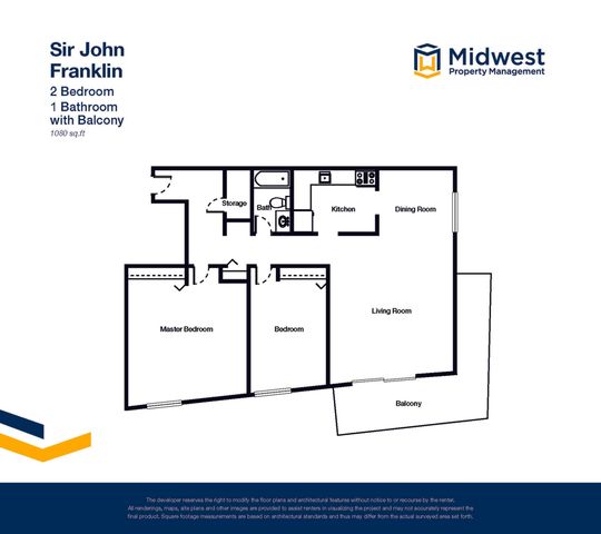 Charming Sir John Franklin 2-bedroom floor plan with 1 bathroom, featuring a spacious living room, dining room, and balcony for modern living in 1080 sq ft.