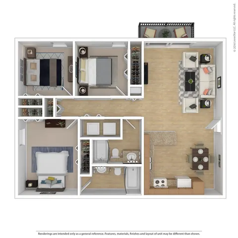 Modern 2D floor plan with two bedrooms, a sleek living room, and an open kitchen-dining area.