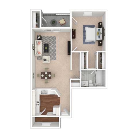 Elegant 3D floor plan with one bedroom, open living-dining area, and a modern kitchen.