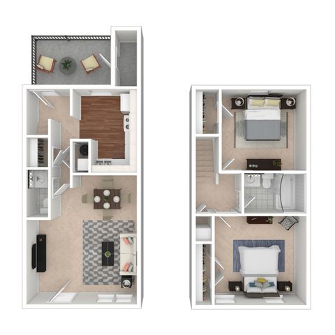Charming floor plan of a duplex with an open living space, two bedrooms, and a balcony area.