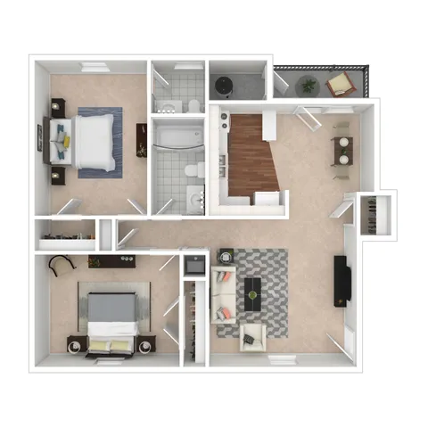 Modern 2D floor plan with 2 bedrooms, open living area, kitchen, and balcony.