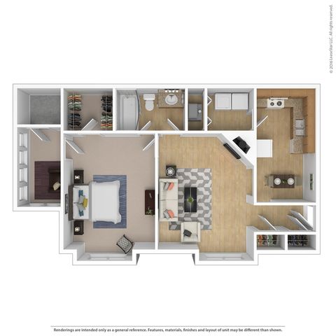 Elegant 3D floor plan showcasing a spacious 1-bedroom apartment with modern open-concept living area, stylish kitchen, and cozy living room.