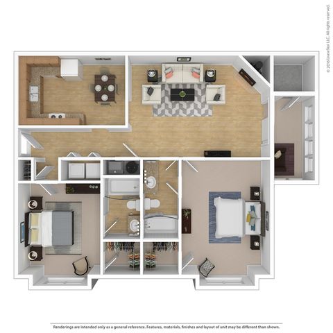 Modern apartment floor plan with two bedrooms, spacious living room, stylish kitchen, and two elegant bathrooms, ideal for comfortable living.