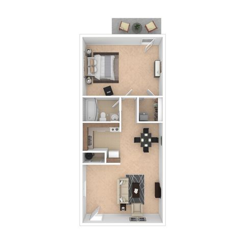Modern 2D floor plan featuring a cozy 1-bedroom layout with an open living area, sleek kitchen, spacious bathroom, and charming balcony space.