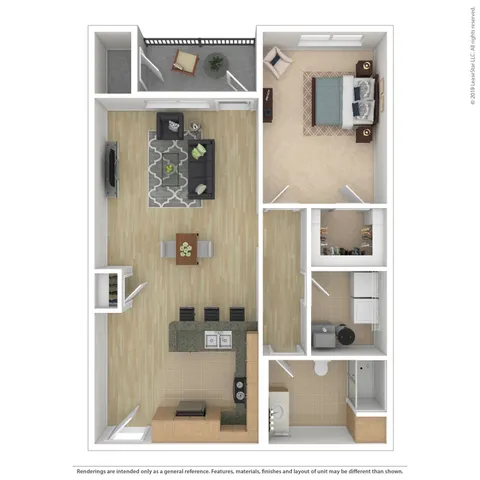 Contemporary floor plan with one bedroom, spacious open-plan living and dining area, modern kitchen with island, and balcony access.