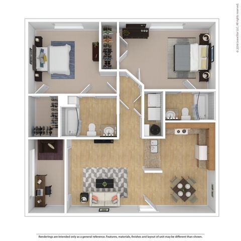 Modern 2D floor plan featuring 2 spacious bedrooms, 2 bathrooms, a cozy living room, and an open kitchen layout with dining area.