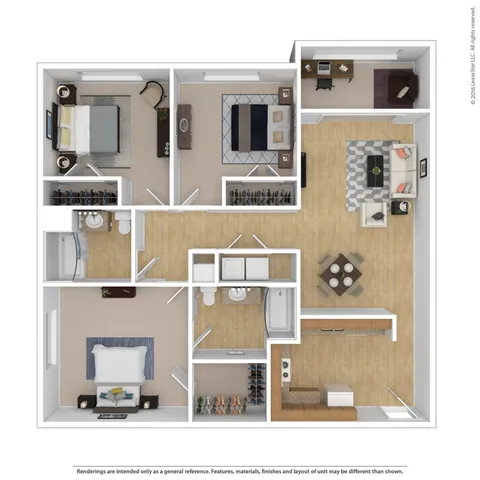Modern 3D floor plan showcasing a spacious layout with three bedrooms, an open living and dining area, two bathrooms, and a functional kitchen.