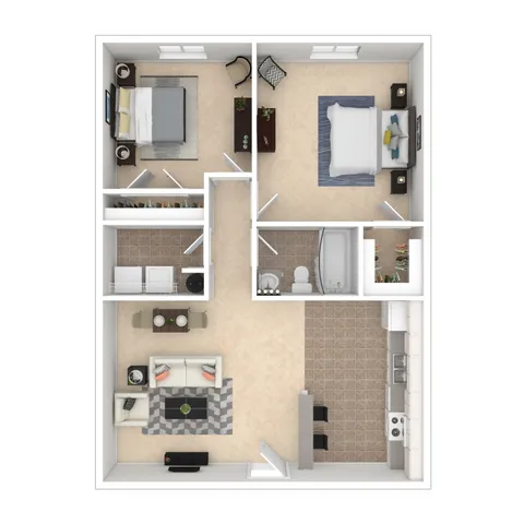 Modern 2D floor plan showcasing 2 cozy bedrooms, a contemporary kitchen, stylish living room, and a spacious bathroom. Ideal for comfortable living.