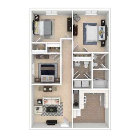 Modern 3D floor plan featuring 2 cozy bedrooms, spacious living area, dining space, and a fully equipped kitchen.