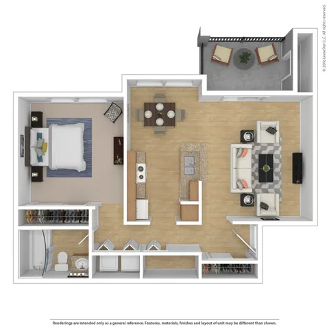 Inviting 1-bedroom floor plan with a stylish open-concept kitchen, cozy living room, and charming balcony. Ideal for modern living.